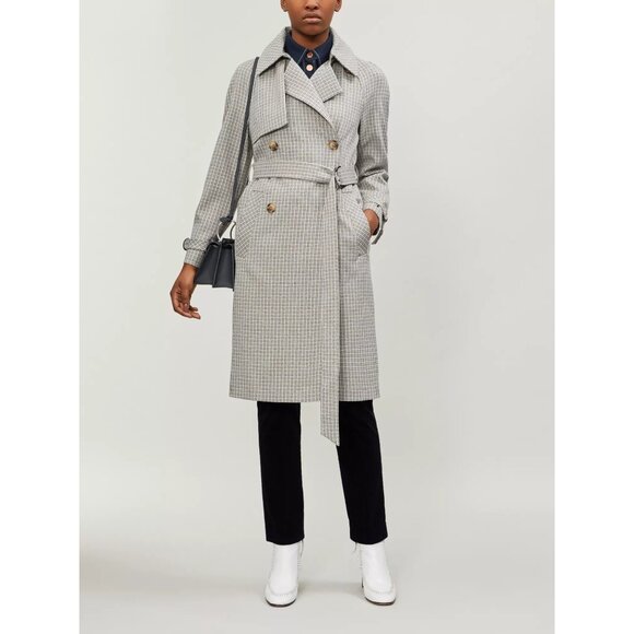 🆕TOPSHOP Angie Double Breasted Trench Coat Houndstooth Plaid Blue Gray - Picture 2 of 12